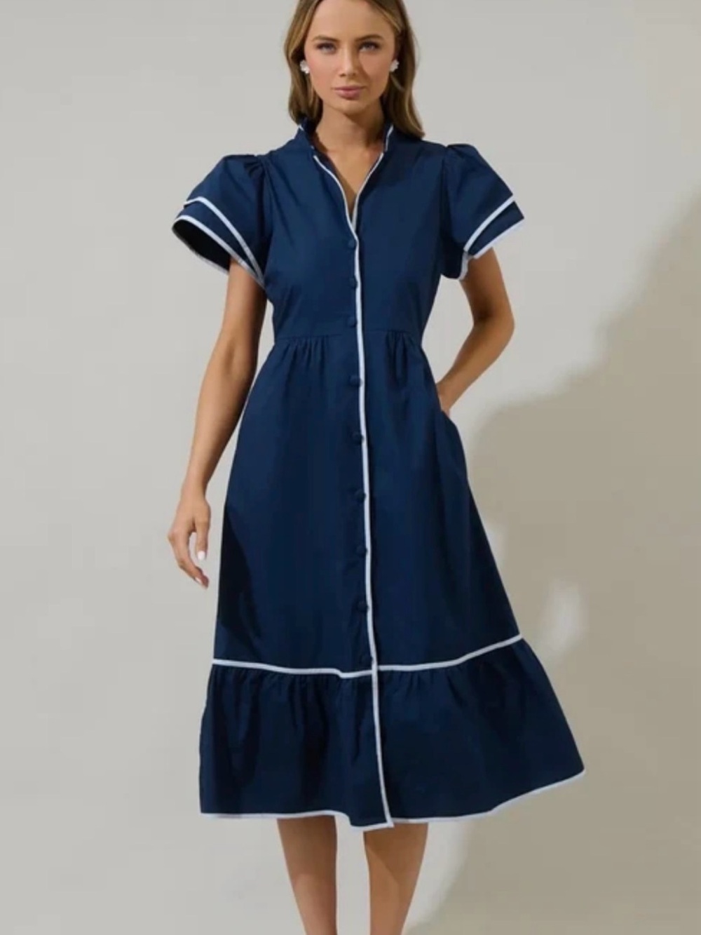 Avara “Heather” dress Navy Button-Front Dress with Contrast Trim